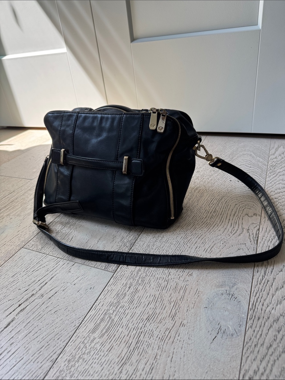 leifsdottir Black Leather Crossbody Bag with Gold Hardware